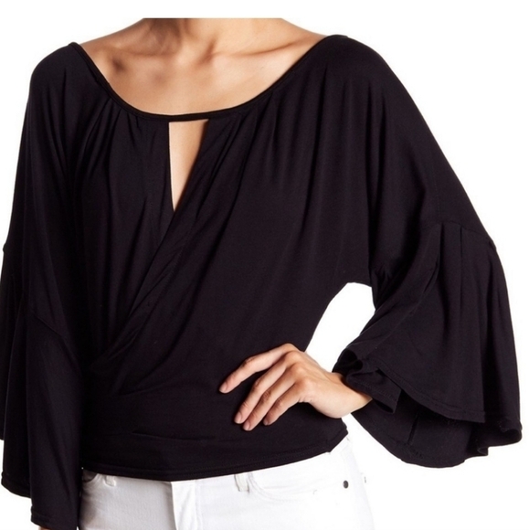 Free People Top Black Bell Sleeve Surplice Key Hole Pullover Open Back Size M - Picture 1 of 16